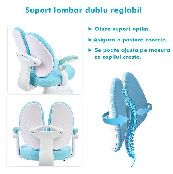 Scaun ergonomic onuvio® reglabil pentru clasele primare - invățarea poziției corecte la birou, suport pentru picioare, manere rabatabile, material rezistent la uzură, murdărie și lichide, cu r