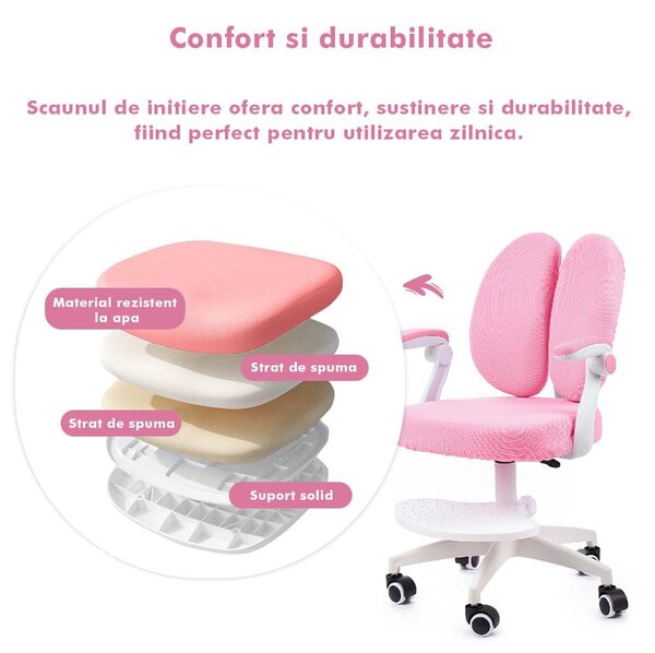 Scaun ergonomic onuvio® reglabil pentru clasele primare - invățarea poziției corecte la birou, suport pentru picioare, manere rabatabile, material rezistent la uzură, murdărie și lichide, cu r