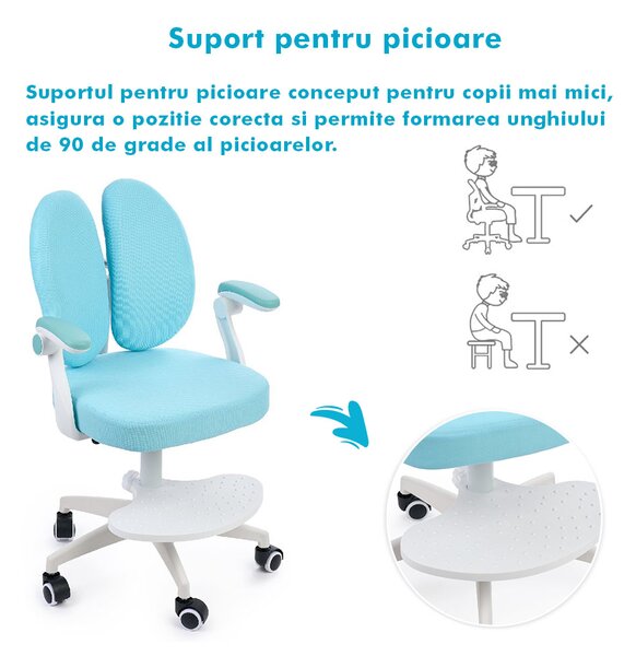 Scaun ergonomic onuvio® reglabil pentru clasele primare - invățarea poziției corecte la birou, suport pentru picioare, manere rabatabile, material rezistent la uzură, murdărie și lichide, cu r