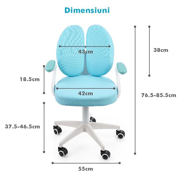 Scaun ergonomic onuvio® reglabil pentru clasele primare - invățarea poziției corecte la birou, suport pentru picioare, manere rabatabile, material rezistent la uzură, murdărie și lichide, cu r