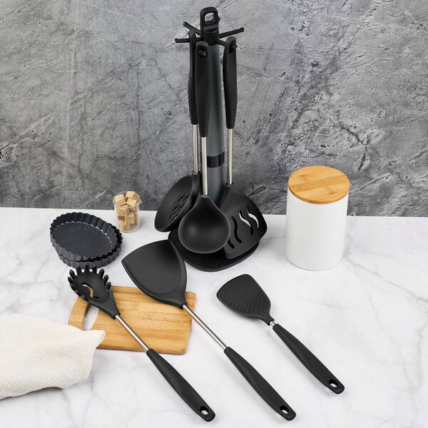 Set 6 ustensile bucătărie din silicon cu suport de blat tip cârlig – termorezistente, antiaderente și fără bpa, onuvio® - negru