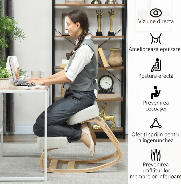 Vinsetto Scaun ergonomic pentru genunchi din mesteacăn și pernă Crem | Aosom Romania