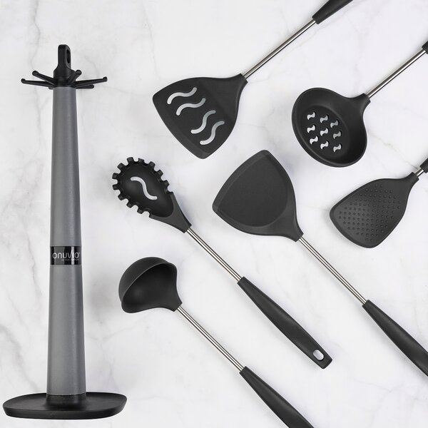 Set 6 ustensile bucătărie din silicon cu suport de blat tip cârlig – termorezistente, antiaderente și fără bpa, onuvio® - negru