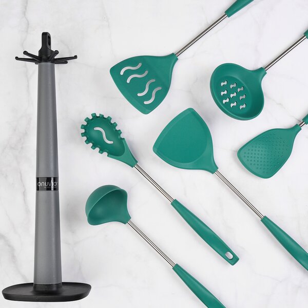 Set 6 ustensile bucătărie din silicon cu suport de blat tip cârlig – termorezistente, antiaderente și fără bpa, onuvio® - verde