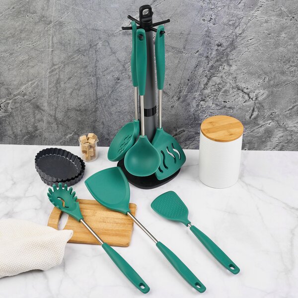 Set 6 ustensile bucătărie din silicon cu suport de blat tip cârlig – termorezistente, antiaderente și fără bpa, onuvio® - verde