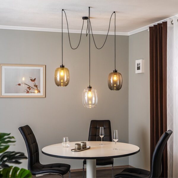 TK Lighting Lampă suspendată Elio, sticlă, maro/clară/gri, 3 lumini, descentralizată, reglabil, Transparent, Camera de zi / sufragerie, Sticlă, Modern