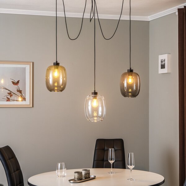 TK Lighting Lampă suspendată Elio, sticlă, maro/clară/gri, 3 lumini, descentralizată, reglabil, Transparent, Camera de zi / sufragerie, Sticlă, Modern