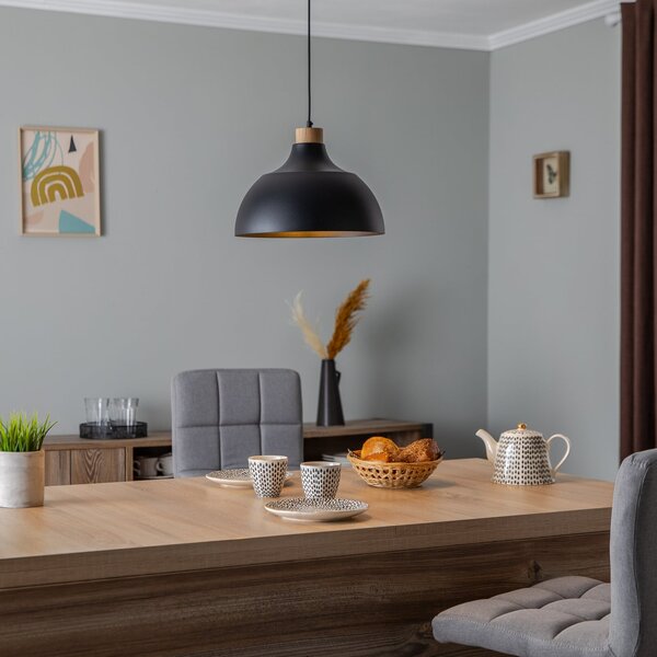 Envostar Lampă suspendată Kaitt, negru, Ø 34 cm, detaliu din lemn, reglabil, Negru, Camera de zi / sufragerie, Metal, Scandinavă