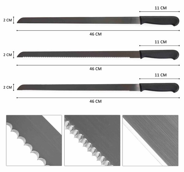 Set 3 cutite profesionale lungime mare 46 cm pentru cofetarie si patiserie, ghidaj pentru taiat blat tort, onuvio®