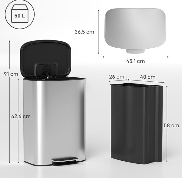 HOMCOM Coș de Gunoi cu Pedală de 50L cu Capac Amortizat, Deschidere la 90° și Găleată Detașabilă, Oțel Inoxidabil, Gri | Aosom Romania