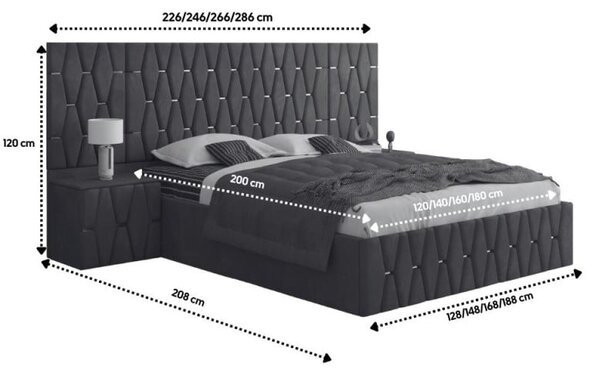 Set Mobila De Dormitor Berlin Gri, pat tapitat Gri 180x200cm, dulap tapitat 250cm, 2 noptiere si saltea 180x200cm