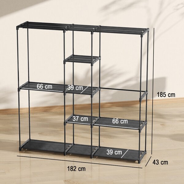 HOMCOM Dulap Garderobă din Material Textil cu 8 Rafturi și 3 Bare pentru Agățat, 182x43x185 cm, Negru | Aosom Romania