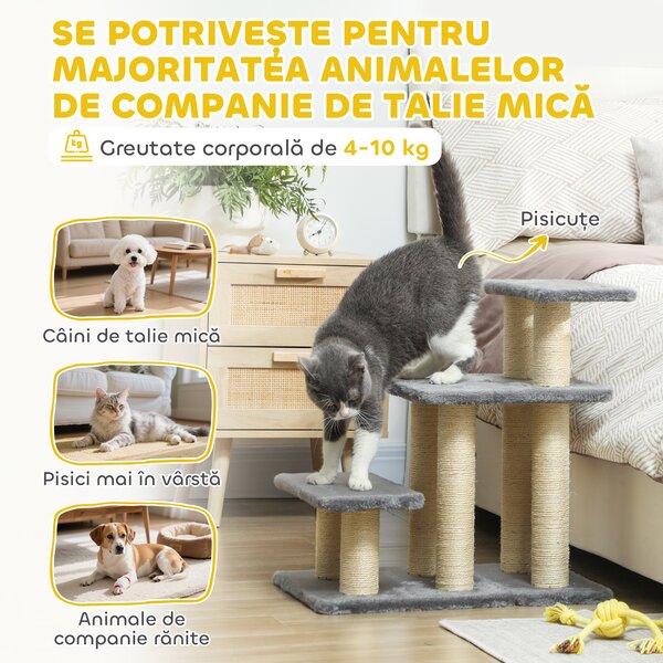 PawHut Scară pentru Câini și Pisici cu 3 Trepte din Pluș și Stâlpi Zgâriători din Sisal, Capacitate 10 kg, Gri | Aosom Romania