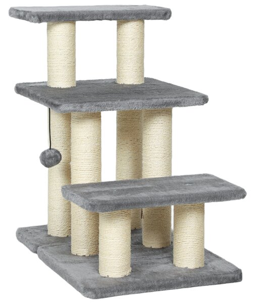 PawHut Scară pentru Câini și Pisici cu 3 Trepte din Pluș și Stâlpi Zgâriători din Sisal, Capacitate 10 kg, Gri | Aosom Romania