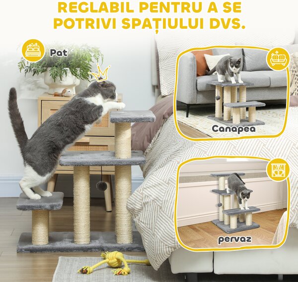 PawHut Scară pentru Câini și Pisici cu 3 Trepte din Pluș și Stâlpi Zgâriători din Sisal, Capacitate 10 kg, Gri | Aosom Romania