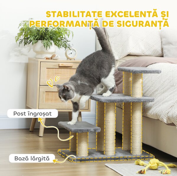 PawHut Scară pentru Câini și Pisici cu 3 Trepte din Pluș și Stâlpi Zgâriători din Sisal, Capacitate 10 kg, Gri | Aosom Romania