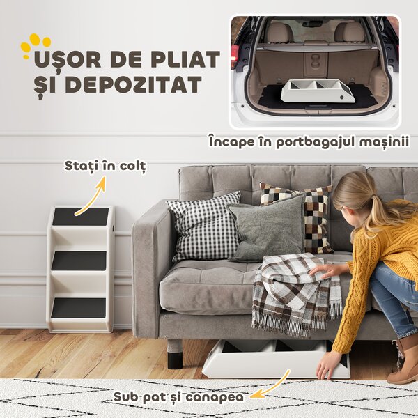 PawHut Scară pentru Câini și Pisici cu 3 Trepte Antiderapante, Design Pliabil cu Capacitate de 10 kg, Crem | Aosom Romania