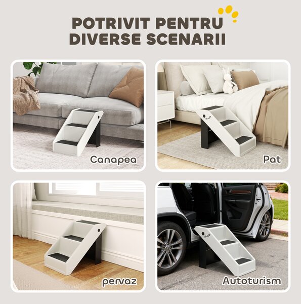 PawHut Scară pentru Câini și Pisici cu 3 Trepte Antiderapante, Design Pliabil cu Capacitate de 10 kg, Crem | Aosom Romania