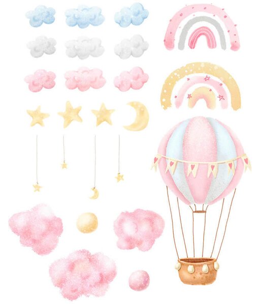 Impresi Autocolant pentru camera copilului Balloon clouds and stars - 90x30cm