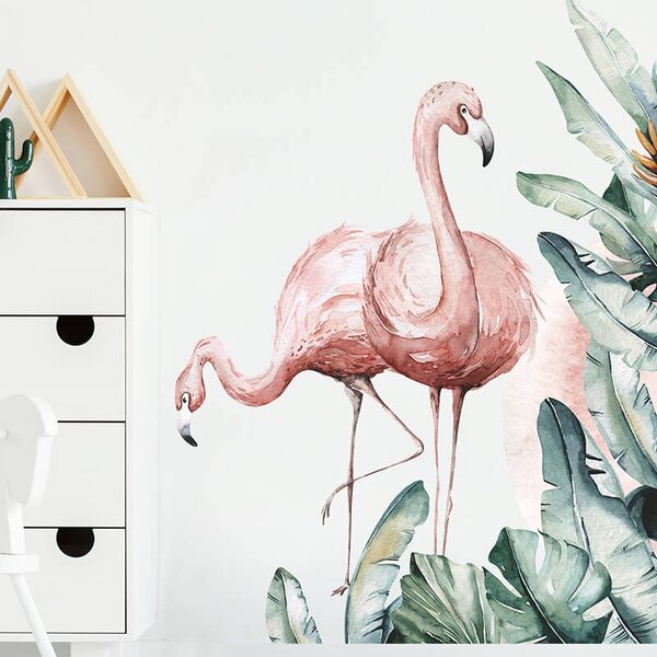 Impresi Autocolant pentru camera copilului Flamingos and palm leaves - 90x30cm 2ks