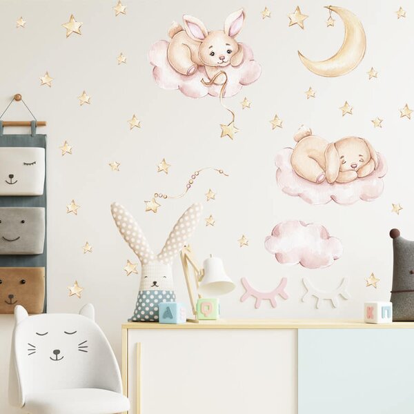 Impresi Autocolant pentru camera copilului Rabbits and pink clouds - 90x30cm