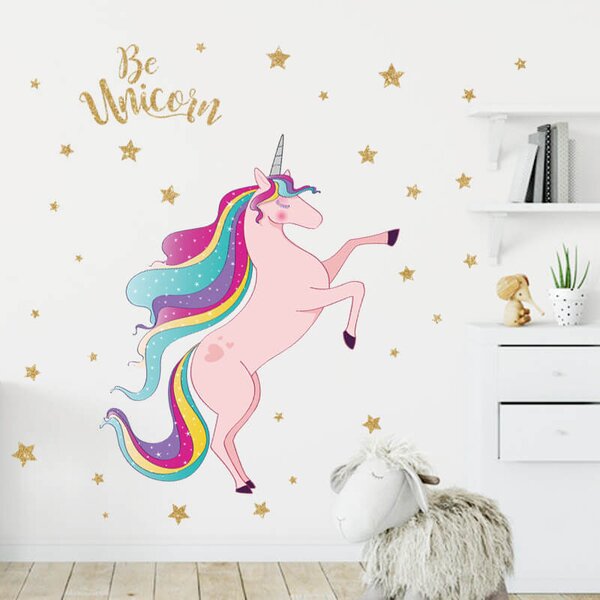 Impresi Autocolant pentru camera copilului Pink Unicorn with stars - 90x30cm