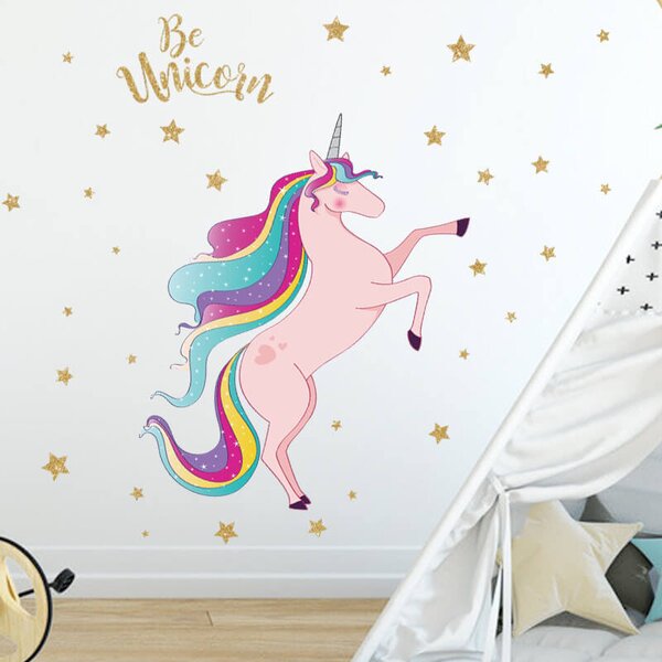 Impresi Autocolant pentru camera copilului Pink Unicorn with stars - 90x30cm