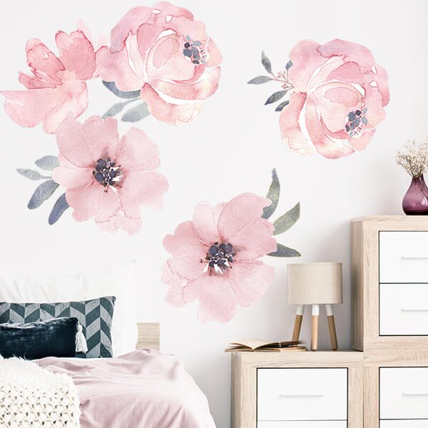 Impresi Autocolant pentru camera copilului Pink flowers with leafes - 90x30cm