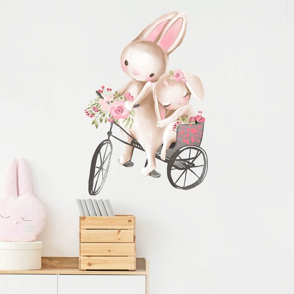 Impresi Autocolant pentru camera copilului Bunnies on a Bike - 60x30 cm