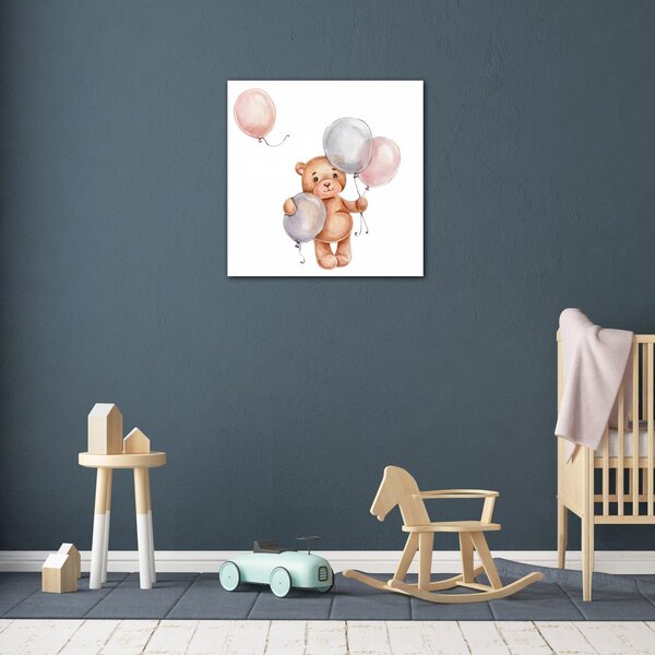 Impresi Obraz Teddy bear with colorful balloons - 20 x 20 cm