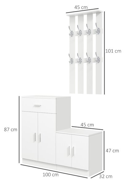 HOMCOM Mobilier de Hol cu Cuier din Lemn, Spațiu de Depozitare și Design Elegant, 100x32x187cm, Alb | Aosom Romania