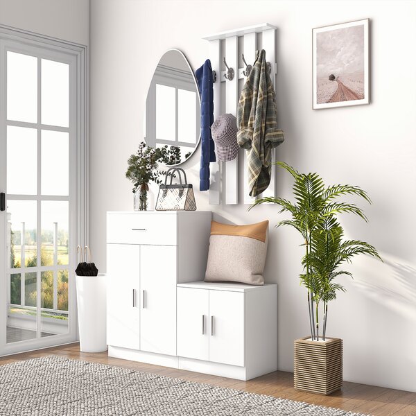 HOMCOM Mobilier de Hol cu Cuier din Lemn, Spațiu de Depozitare și Design Elegant, 100x32x187cm, Alb | Aosom Romania