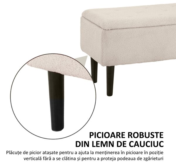 HOMCOM Scaun Modern cu Spațiu de Depozitare și Picioare din Lemn, Scaun Tapițat pentru Living sau Dormitor, 95x38x45 cm, Bej | Aosom Romania