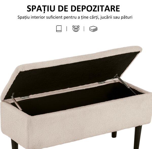 HOMCOM Scaun Modern cu Spațiu de Depozitare și Picioare din Lemn, Scaun Tapițat pentru Living sau Dormitor, 95x38x45 cm, Bej | Aosom Romania