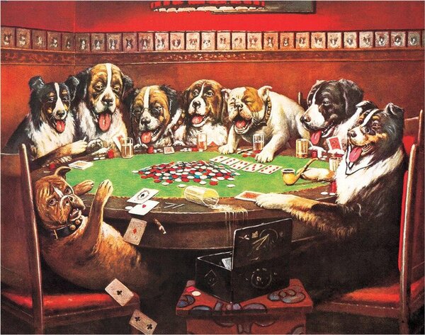 Placă metalică DRUKEN DOGS PLAYING CARDS, (41 x 32 cm)
