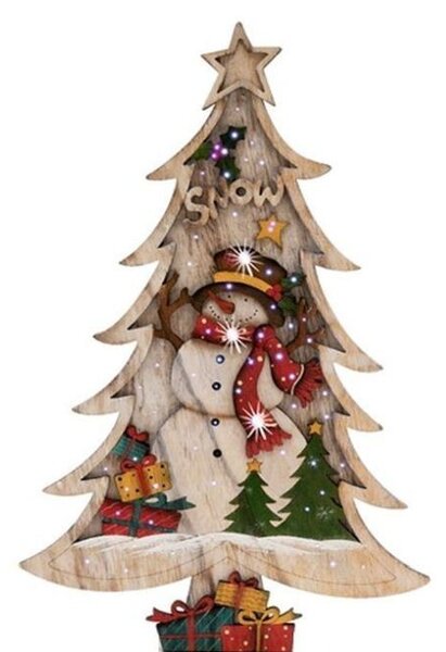 Figurina Brad pentru geam sau usa, iluminat LED, lemn, 55x33.5 cm