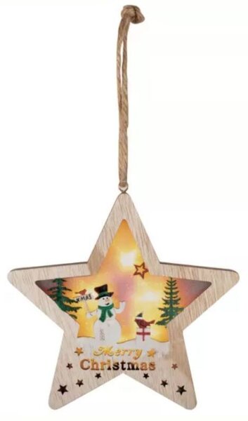 Decoratiune stea iluminata LED, pentru usa sau geam, temporizator, lemn, 17 cm