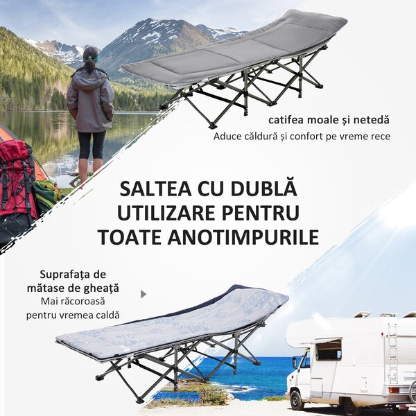 Outsunny Pat Pliabil pentru Camping cu Buzunare de Depozitare și Geantă de Transport, Pat pentru Camping, 188x64.5x53 cm, Gri | Aosom Romania