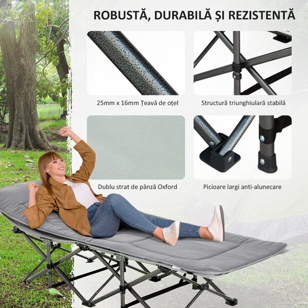 Outsunny Pat Pliabil pentru Camping cu Buzunare de Depozitare și Geantă de Transport, Pat pentru Camping, 188x64.5x53 cm, Gri | Aosom Romania