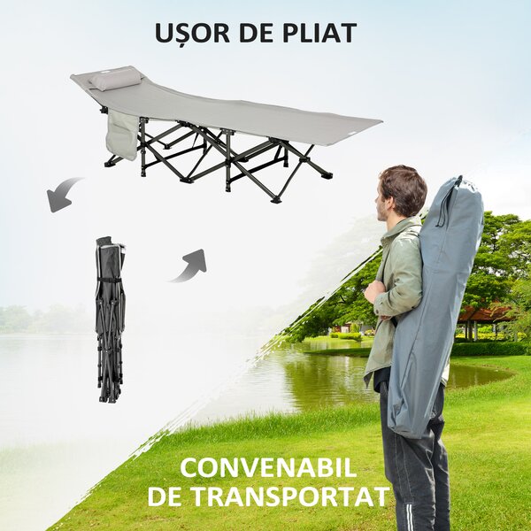 Outsunny Pat Pliabil pentru Camping cu Buzunare de Depozitare și Geantă de Transport, Pat pentru Camping, 188x64.5x53 cm, Gri | Aosom Romania