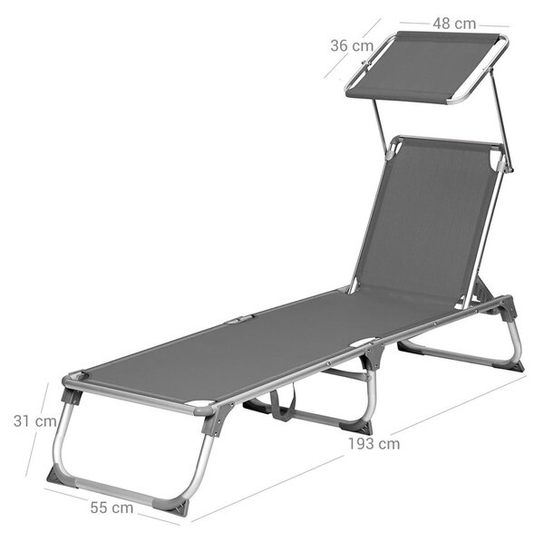 Șezlong de grădină MALIBU cu copertină reglabilă, 193x55x31 cm, gri SongmicsHome