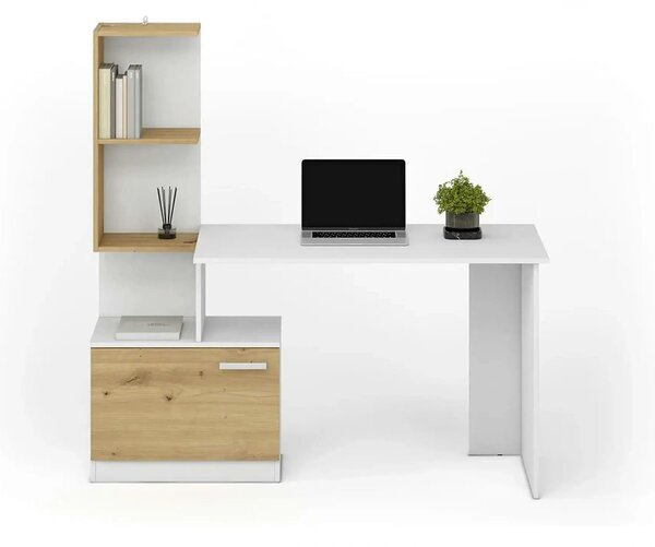Birou MISO, alb/stejar artisan, PAL laminat, 144x60x142 cm