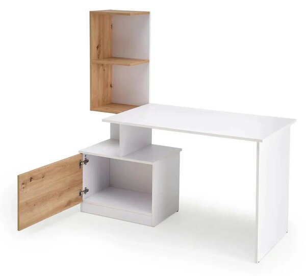 Birou MISO, alb/stejar artisan, PAL laminat, 144x60x142 cm
