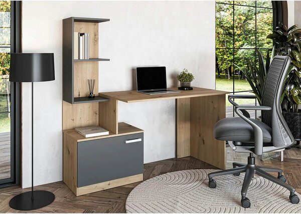 Birou MISO, stejar artisan/gri grafit, PAL laminat, 144x60x142 cm