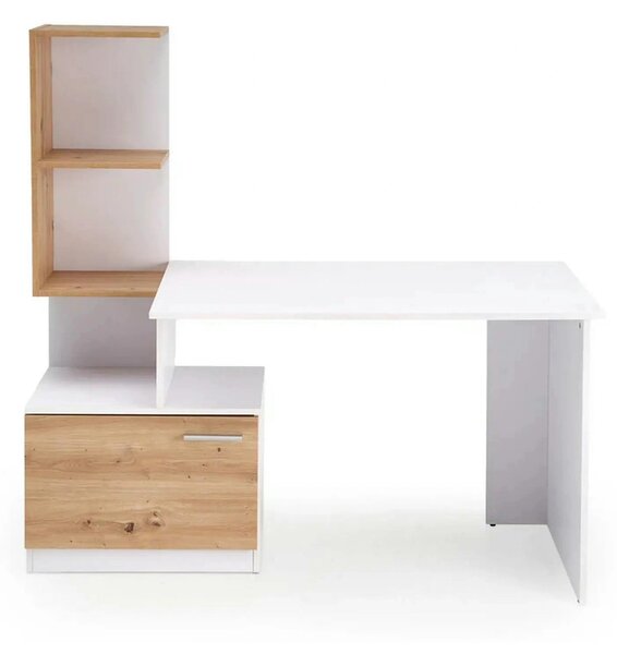 Birou MISO, alb/stejar artisan, PAL laminat, 144x60x142 cm