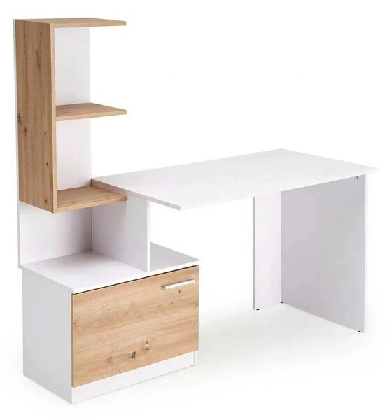 Birou MISO, alb/stejar artisan, PAL laminat, 144x60x142 cm