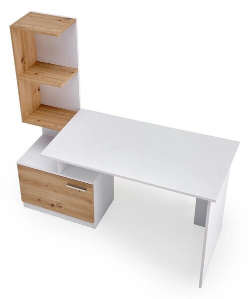Birou MISO, alb/stejar artisan, PAL laminat, 144x60x142 cm