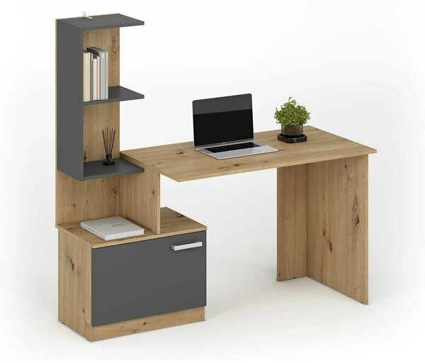Birou MISO, stejar artisan/gri grafit, PAL laminat, 144x60x142 cm