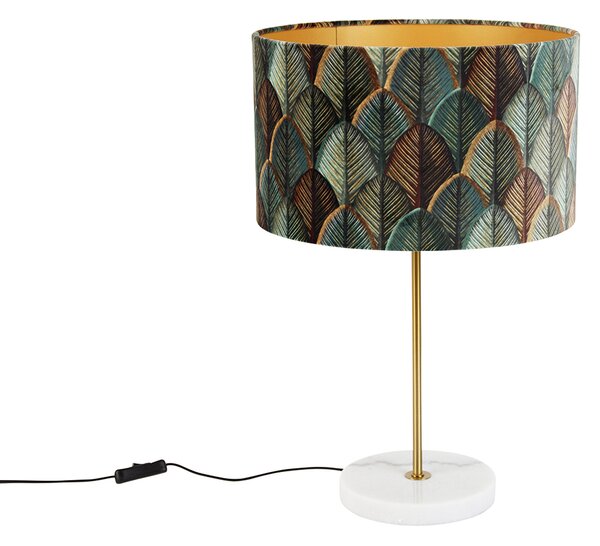 Lampă de masă din alamă cu abajur din catifea, design frunze și interior auriu - Kaso