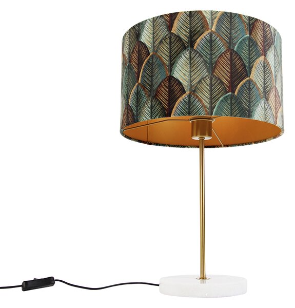 Lampă de masă din alamă cu abajur din catifea, design frunze și interior auriu - Kaso